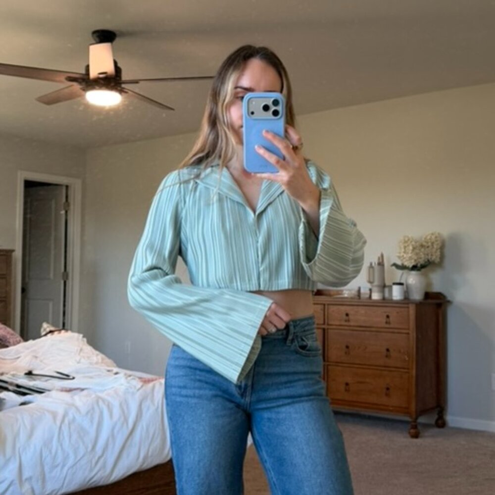 Seafoam Green Satin Pleated Blouse